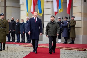 Зустріч Президента України Володимира Зеленського з Президентом Польщі Каролем Навроцьким під час офіційного візиту до Варшави, 19 грудня 2025 року.